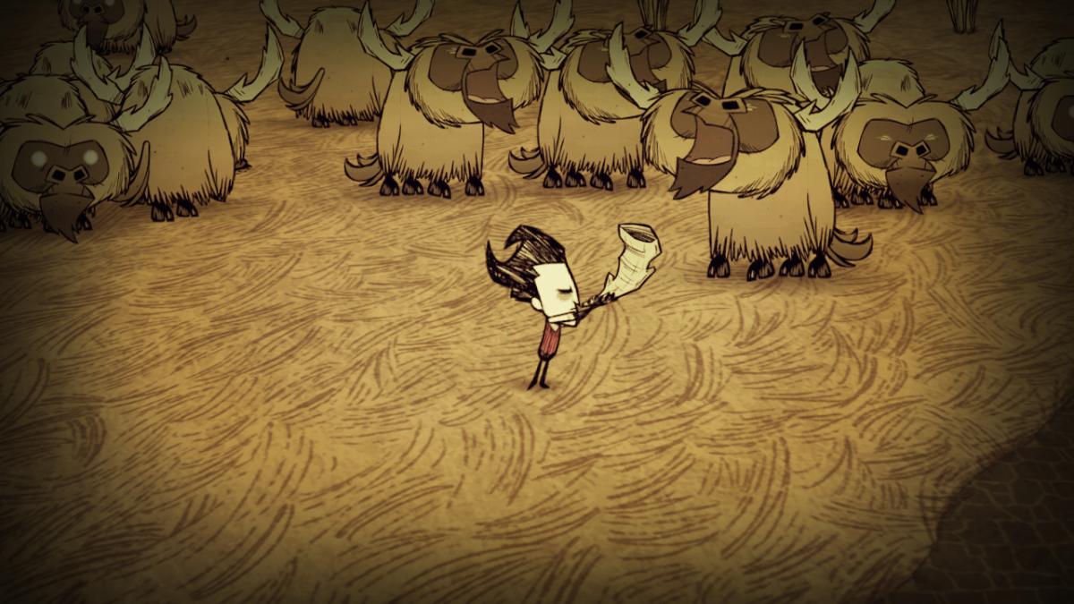 The player sounds a horn near a herd of buffalo-like creatures in Don't Starve.