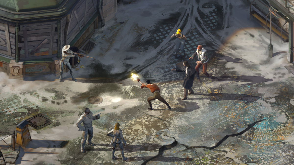 A shootout on the gritty streets of Disco Elysium.