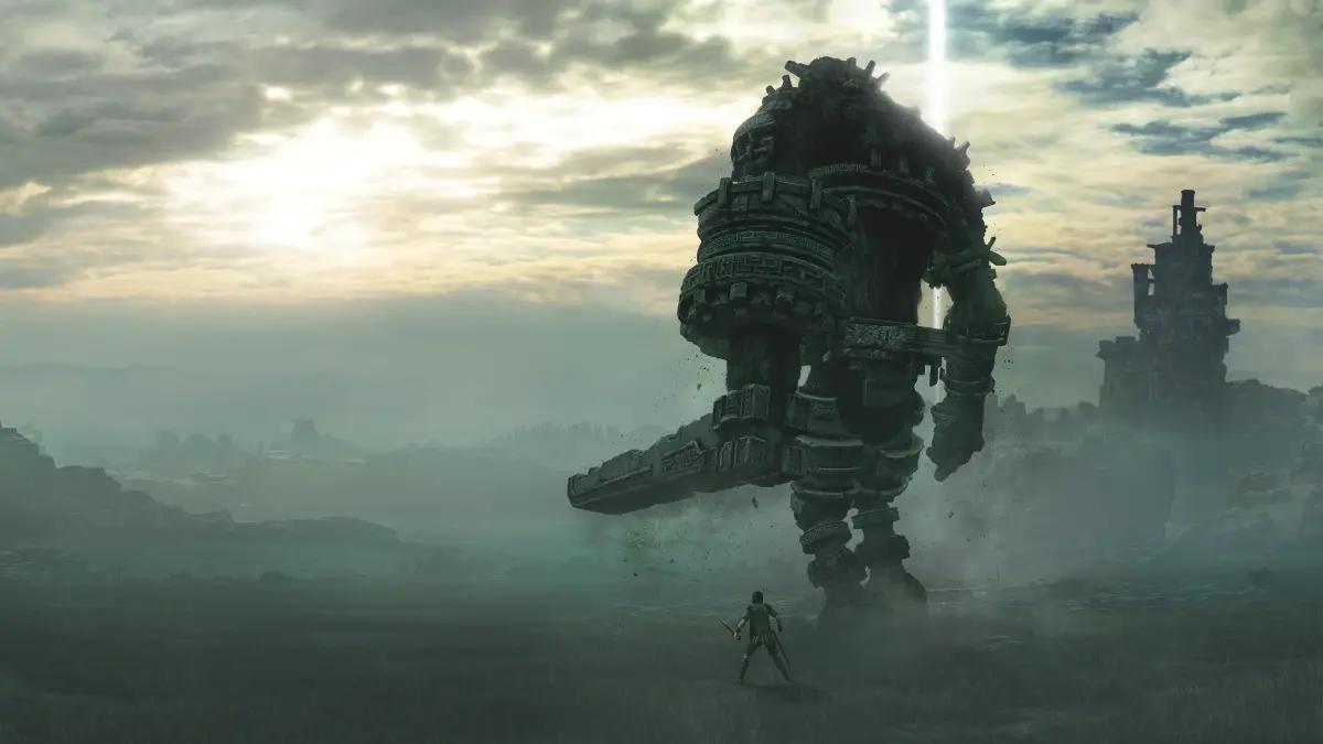 Shadow of the Colossus: the player is tiny on the screen, standding next to a giant made of stone.