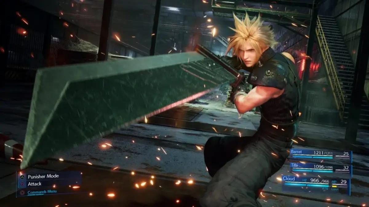 Final Fantasy 7 Remake: Cloud Strife holds his giant buster sword up, pointing towards the camera, ready to strike.
