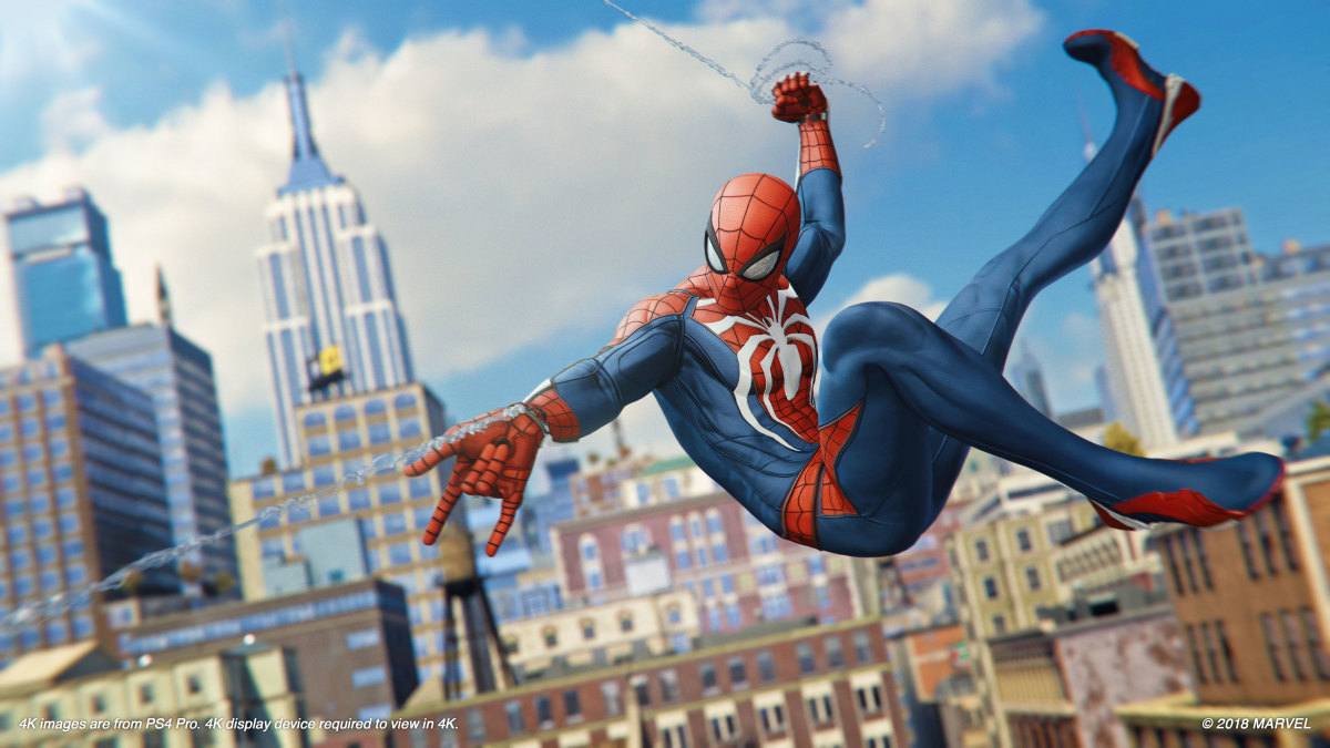Marvel's Spider-Man: Spider-Man swings on his webs across Manhatten.
