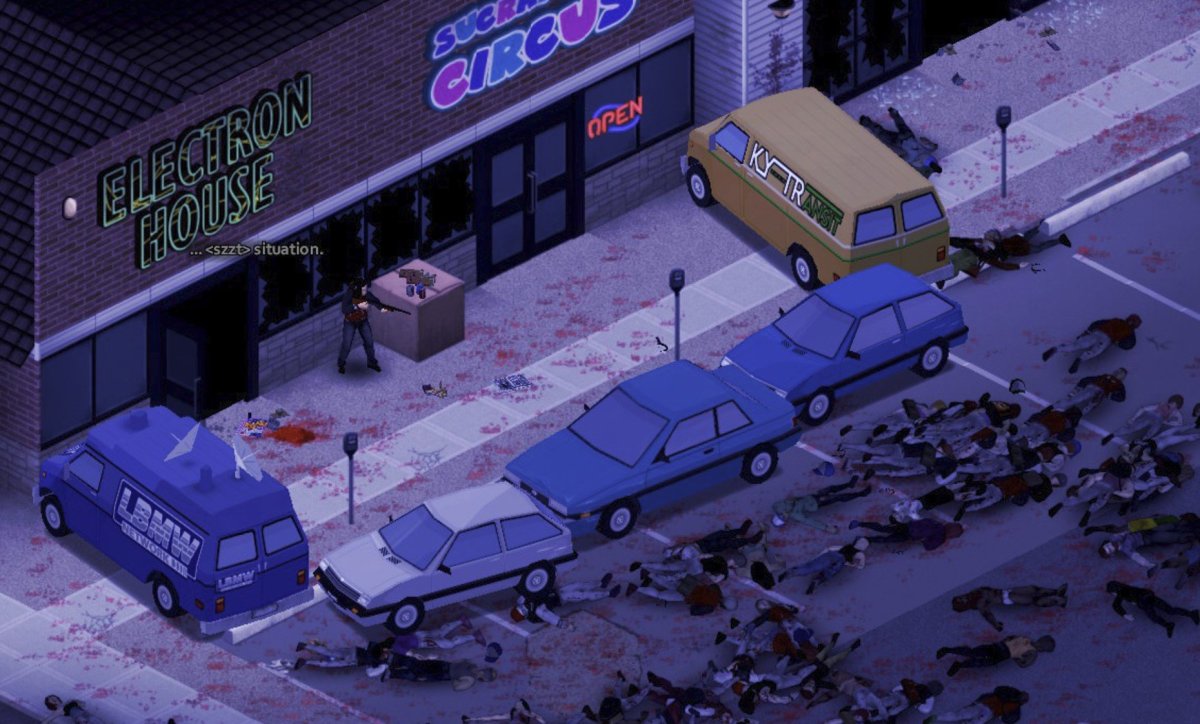 A survivor standds in front of a store, barricaded off with parked cars, and there are dozens of dead zombies on the ground on the other side in Project Zomboid.