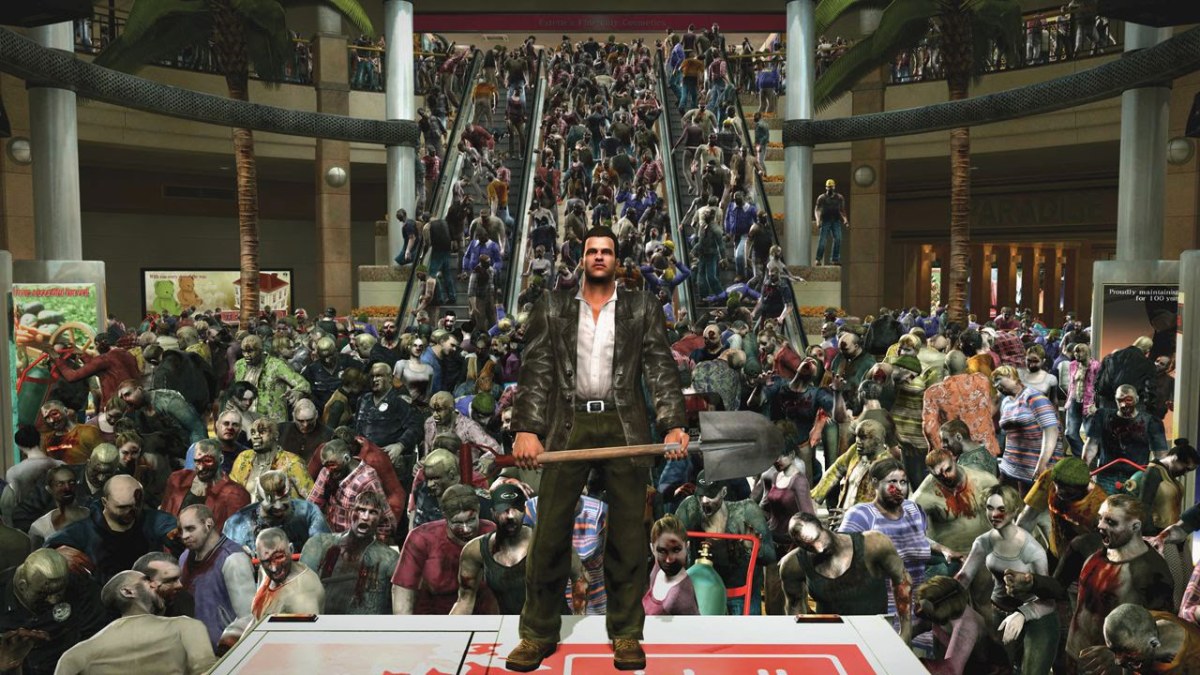 Dead Rising: Frank West stands on an upturned vehicle in the middle of a shopping mall, staring at the camera with a shovel in his hands. Behind him are hundreds of zombies, filling up the escalator and every walking space.