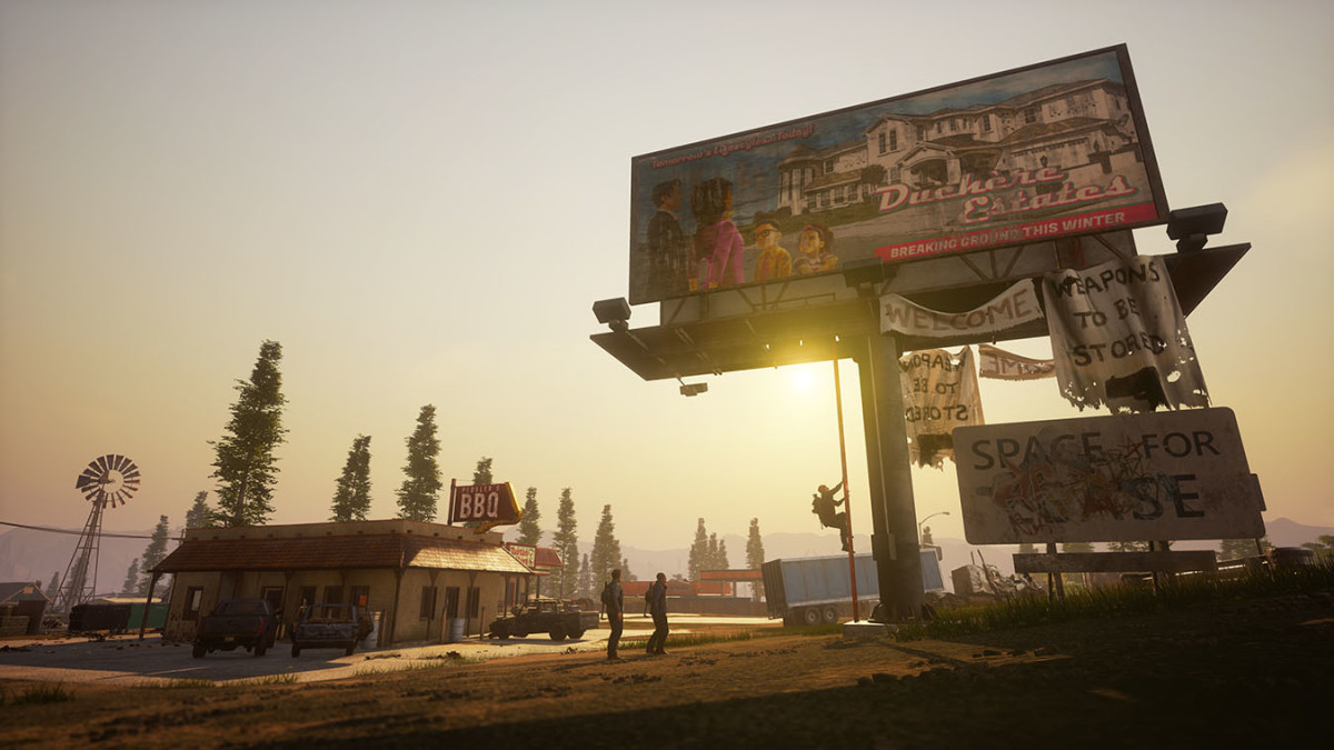 A lonely, abandoned gas station in State of Decay. Two survivors stand together on the road below a large sign.