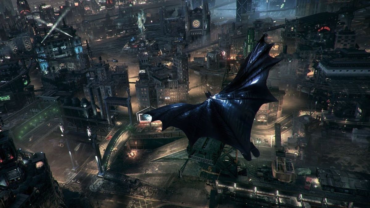 Batman soars over a rainy Gotham, cloak splayed out, in Batman: Arkham Knight.