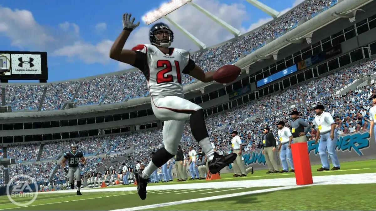 A player does a little hop with the ball in his hand in Madden 08.
