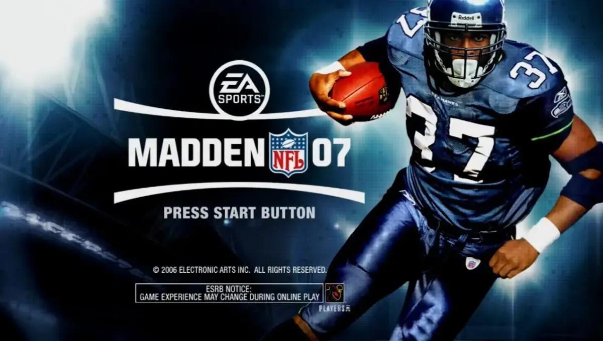 The start menu for Madden 07, featuring a player with the bull tucked under his shoulder.