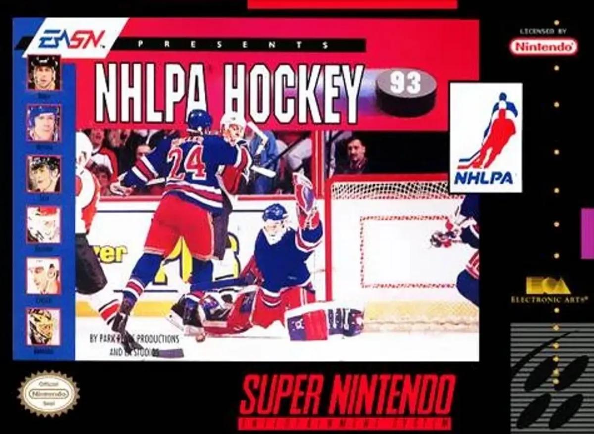 Rod Brind’Amour, Mike Richter, Randy Moller on the NHLPA Hockey 93 cover.