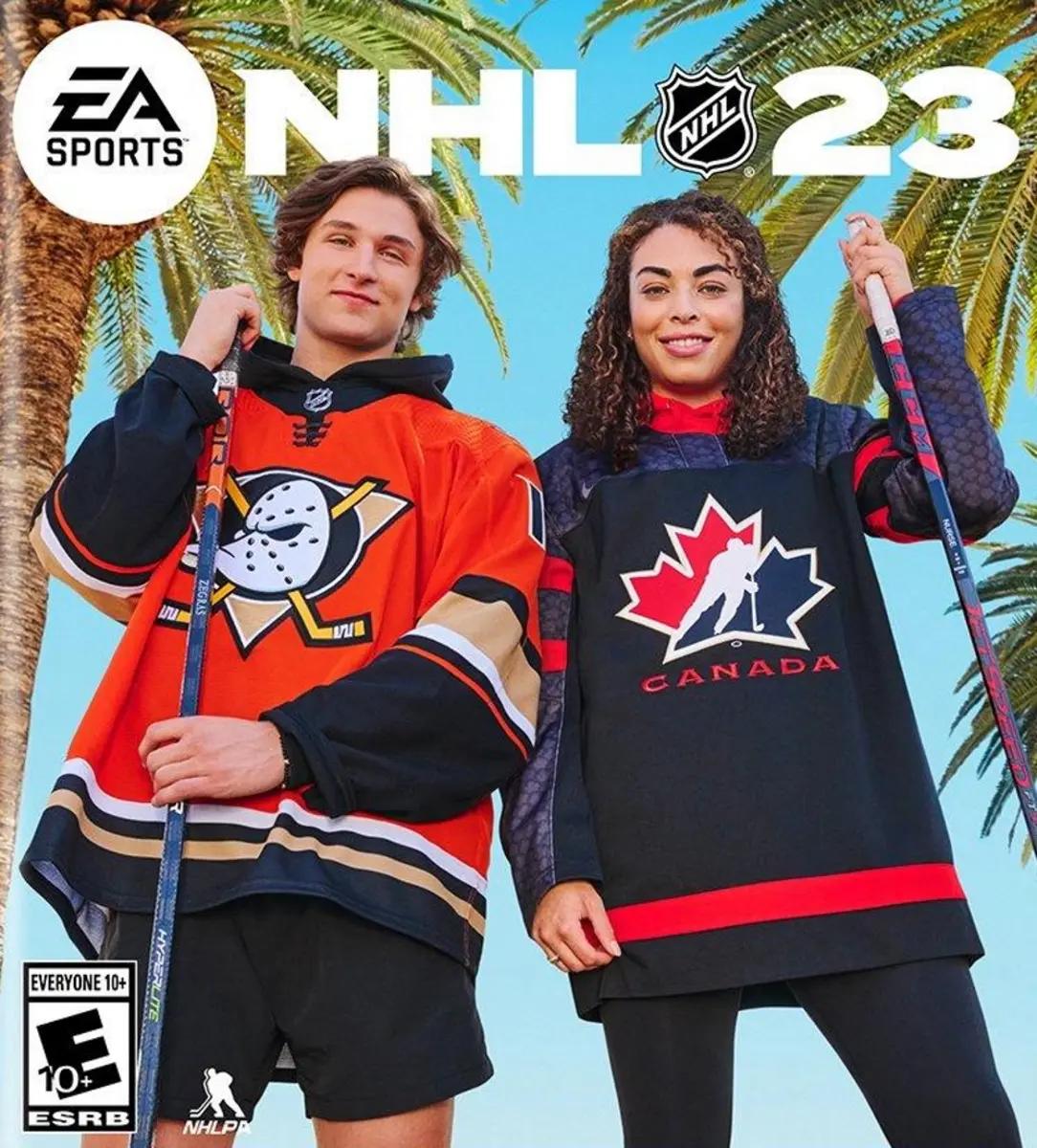 Trevor Zegras and Sarah Nurse on the NHL 23 cover.