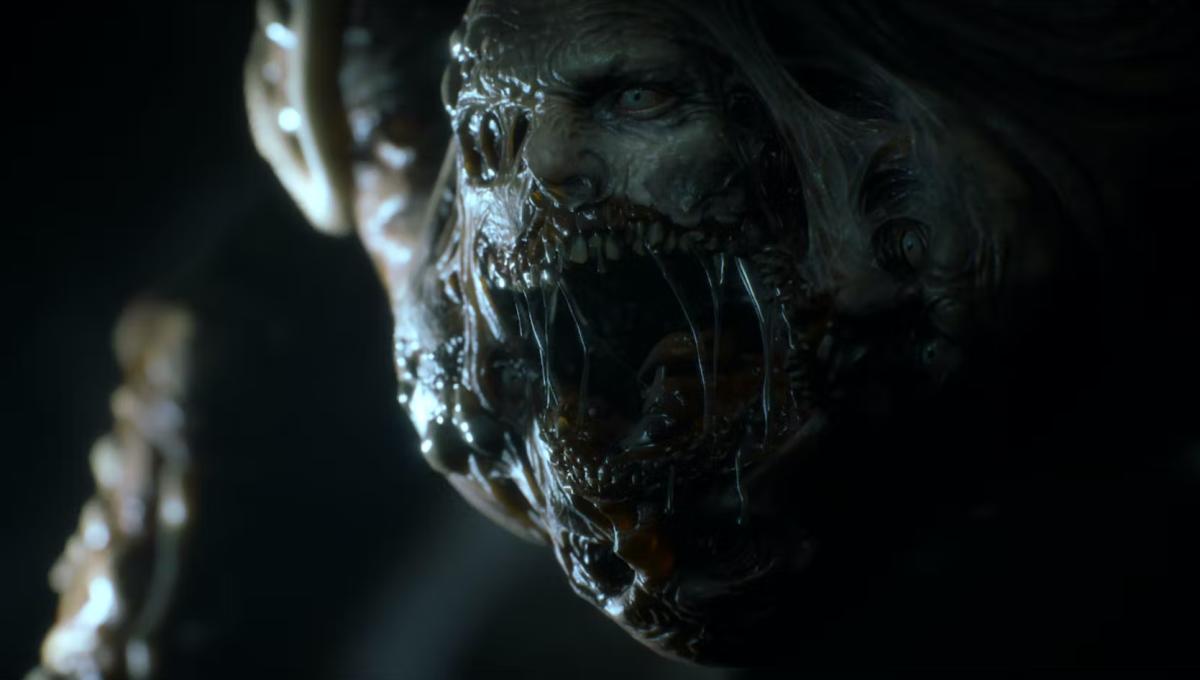 A nightmare creature with a gaping jaw and one eye stares at the camera in The Callisto Protocol.