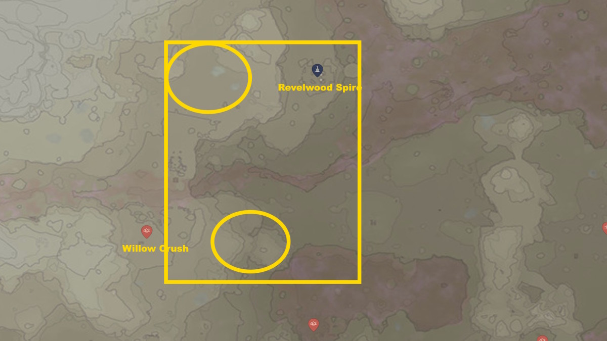 A map showing the best places for Enshrouded clay farming in the Revelwood area
