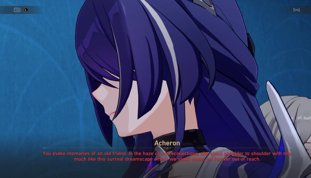 Honkai: Star Rail Acheron screenshot showing the use of red subtitles.