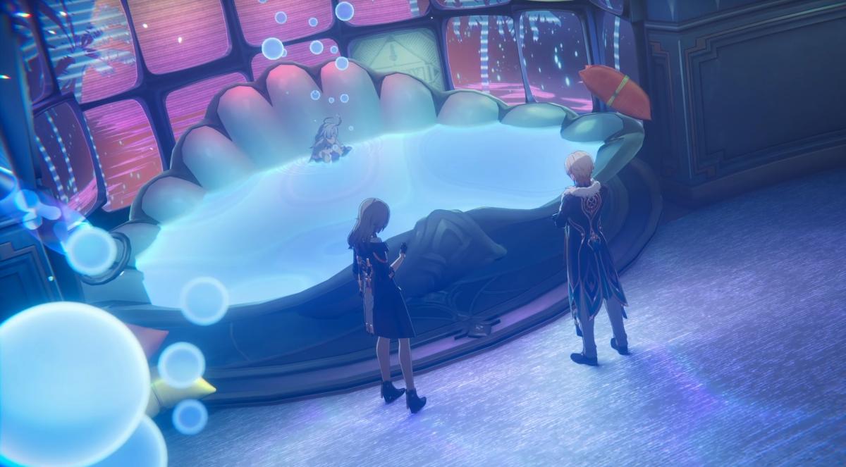 Honkai: Star Rail screenshot of Trailblazer and Aventurine standing in front of Robin's lifeless body.