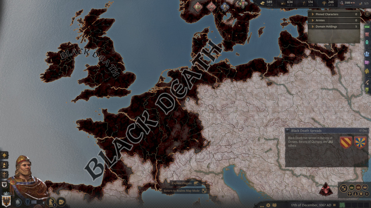 Crusader Kings 3 screenshot of the Black Death spreading over Europe.