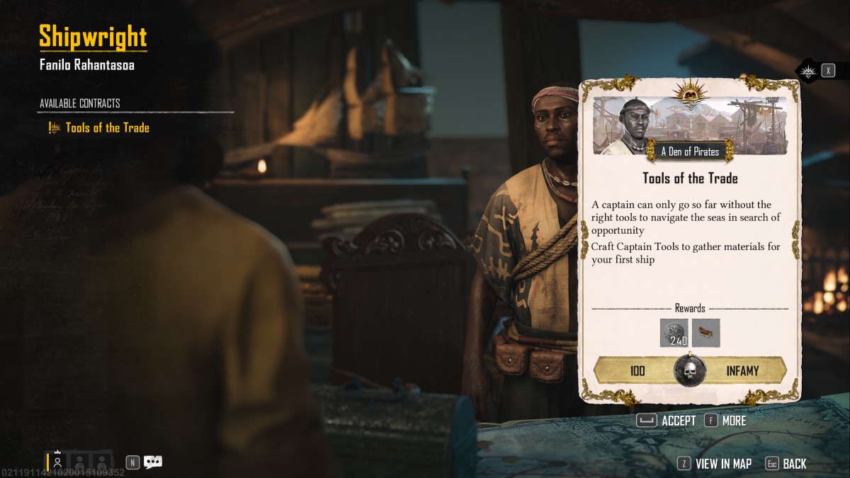The Skull and Bones carpenter offers the player a contract with infamy as a reward