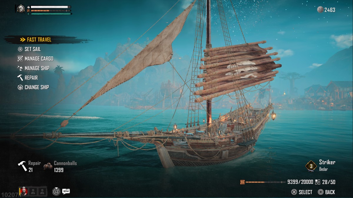 Skull and Bones set sail / ship menu with the fast travel option available