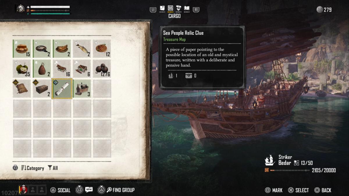 Skull and Bones ship cargo menu showing the Sea People Relic Clue