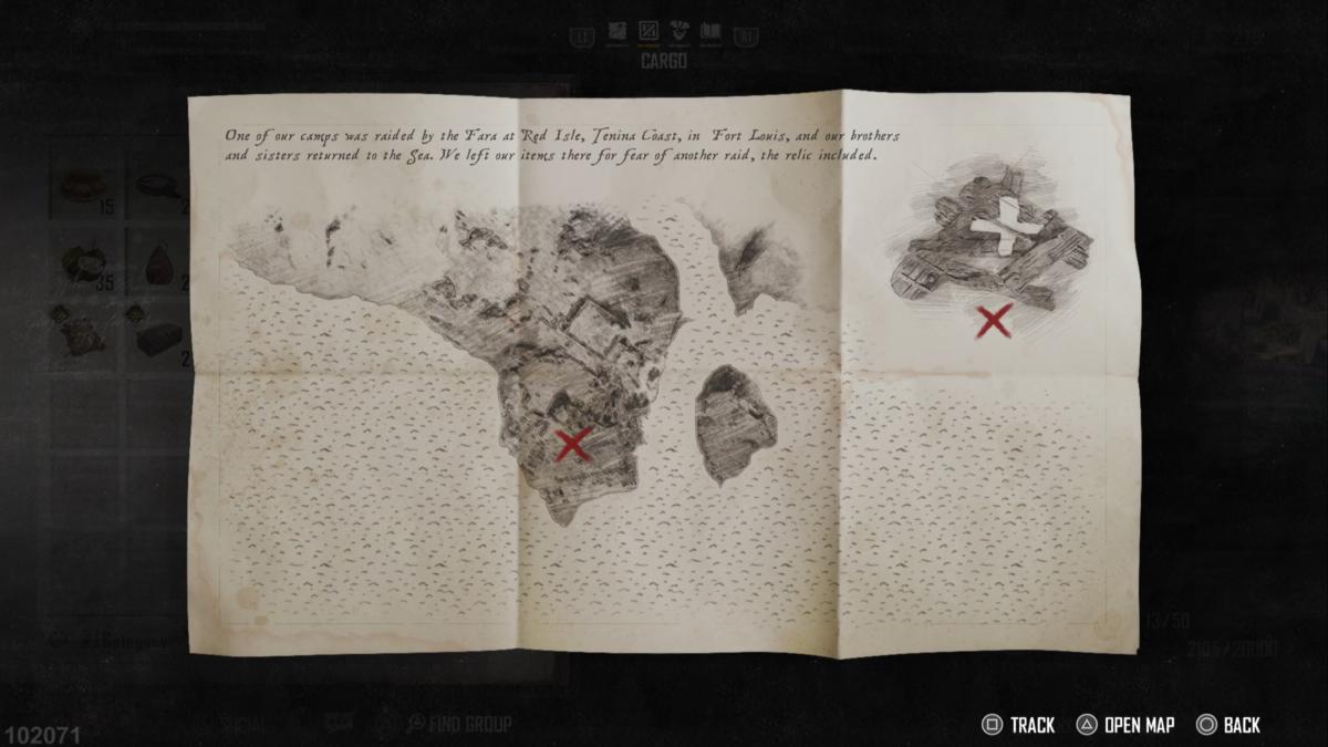 The Sea People Relic treasure map, showing the location of the relic at Fort Louis on Tenina Coast