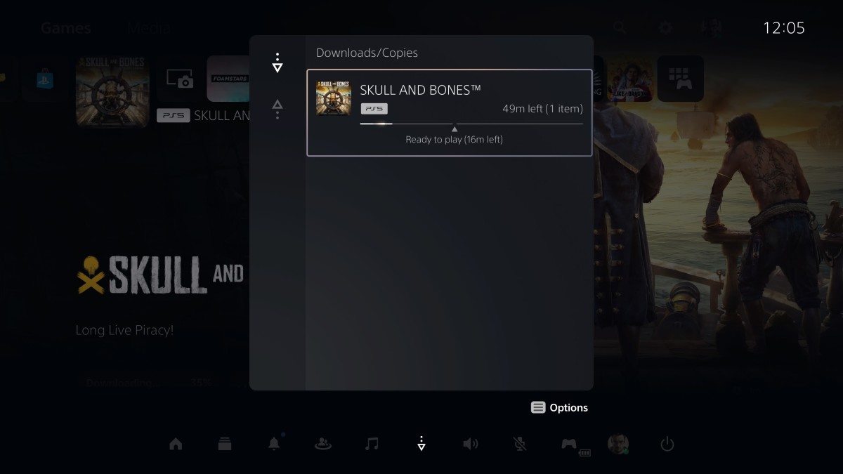 PS5 Downloads/Uploads menu showing Skull and Bones installation progress