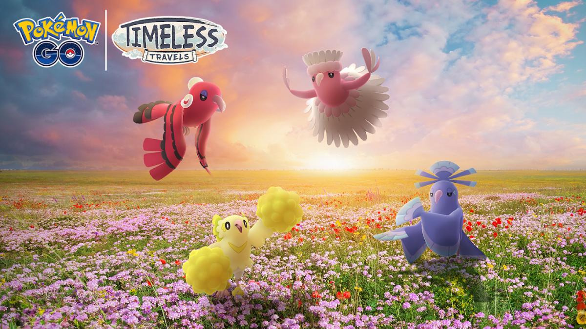 Pokémon Go Carnival of Love poster showing four pretty bird-like creatures on a field of flowers.