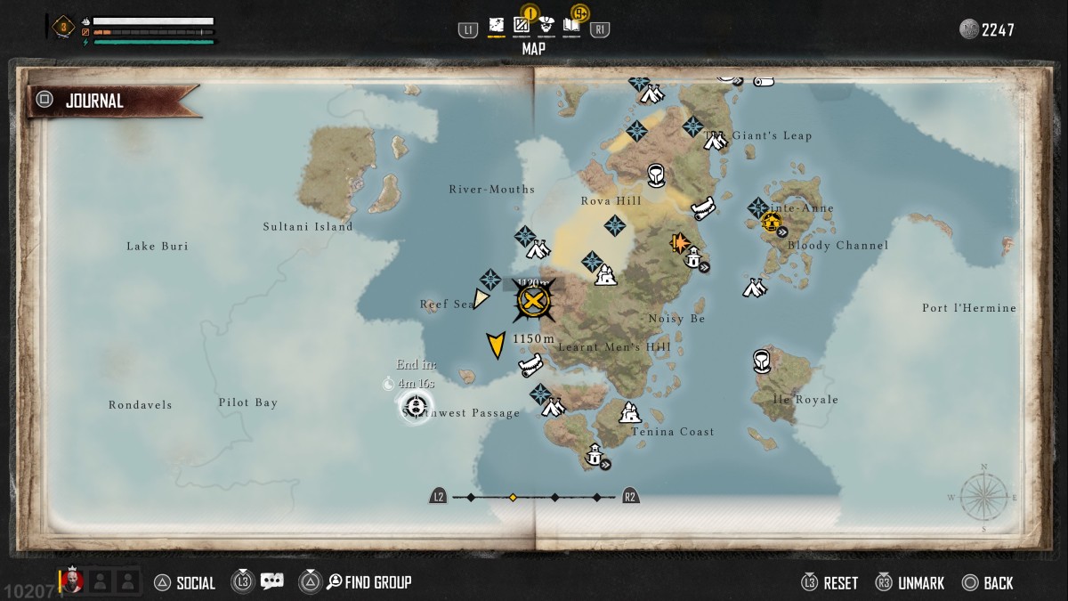 Skull and Bones in-game map showing the Royal Burial Ground outpost's location