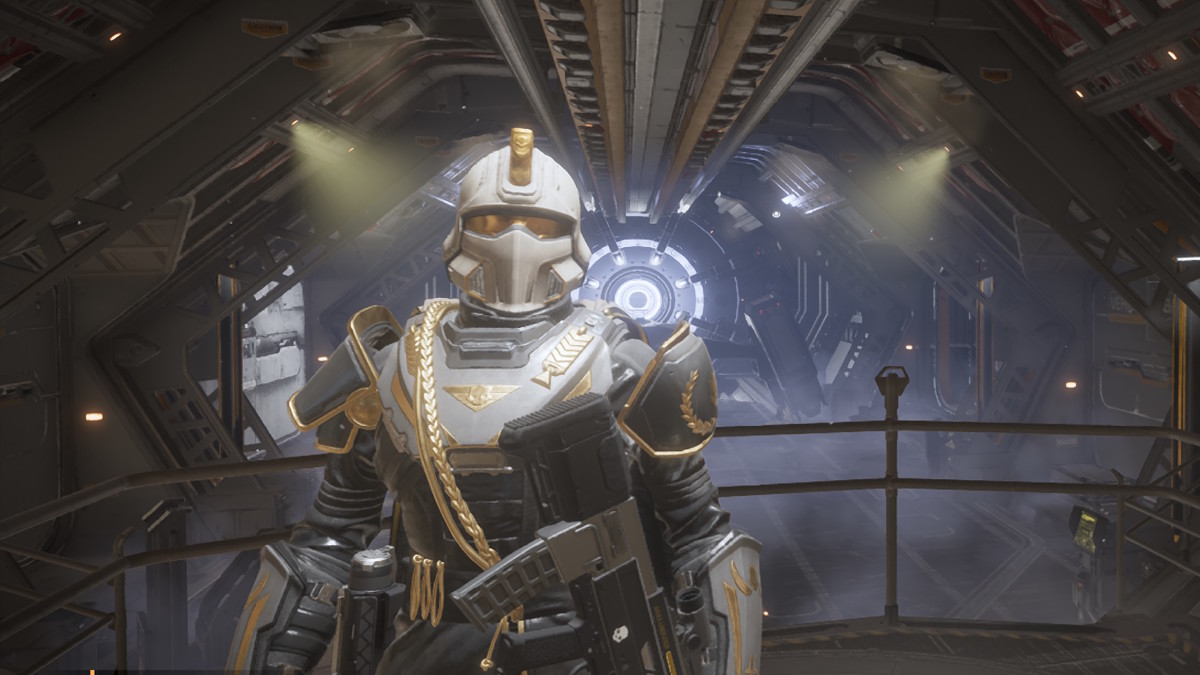 A Helldivers 2 player, wearing white and gold armor with decorative rope across their chest