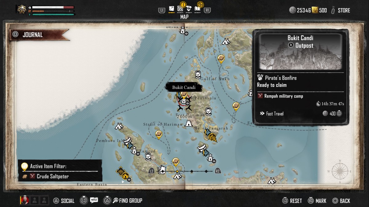 Skull and Bones map with Crude Saltpeter trade routes marked