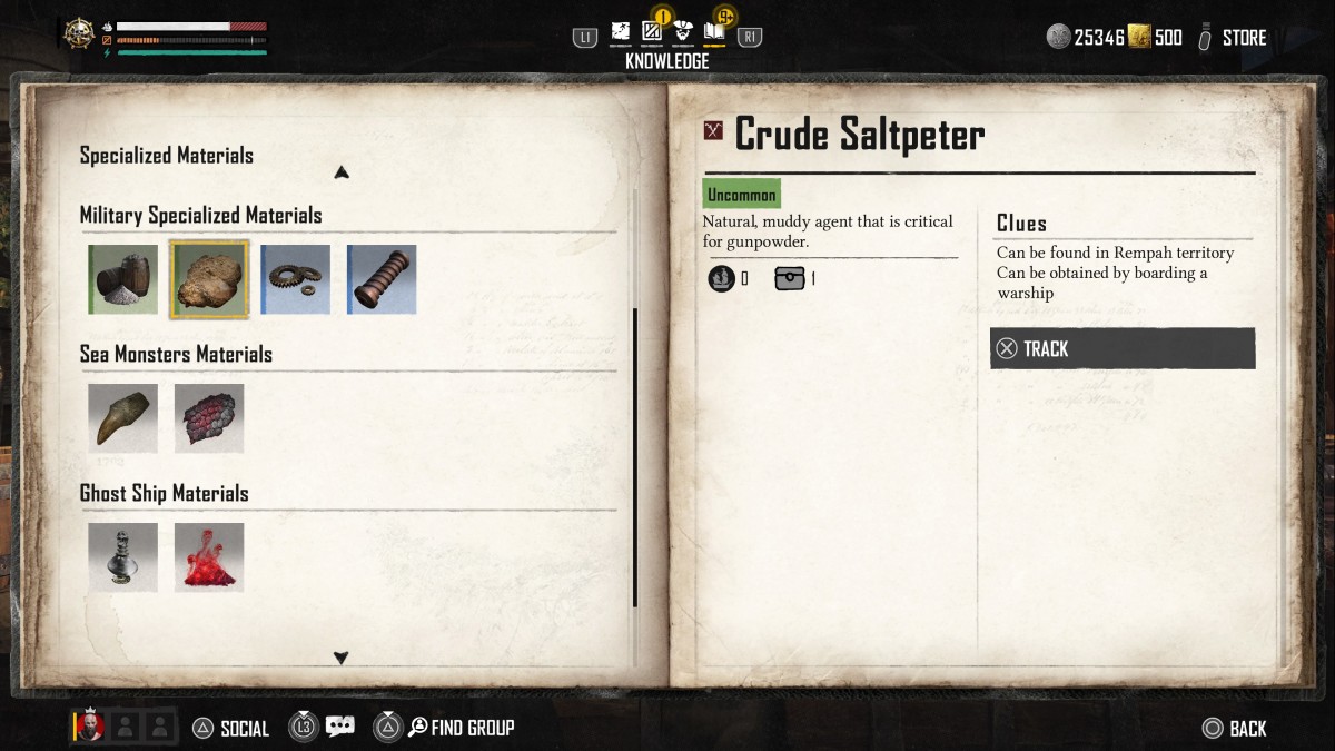 Skull and Bones knowledge tab in the game menu, showing the entry for Crude Saltpeter
