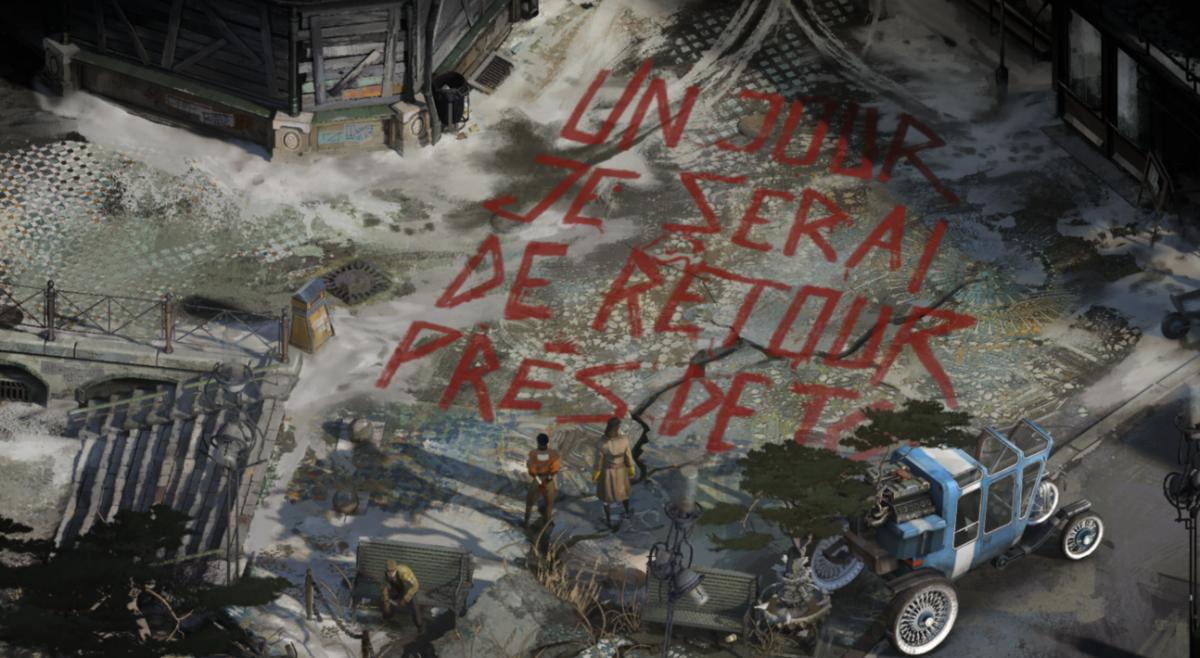 Disco Elysium screenshot showing the sentence "Un jour je serai de retour près de toi" painted on the ground.