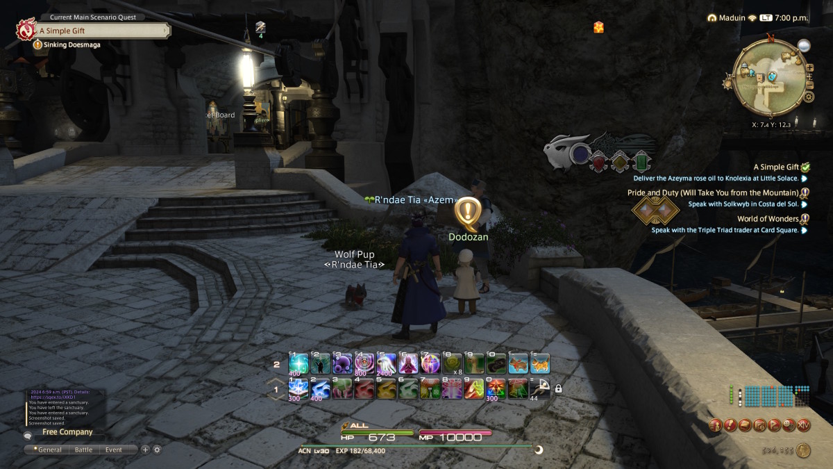 A Final Fantasy 14 questgiver stands near a low stone parapet