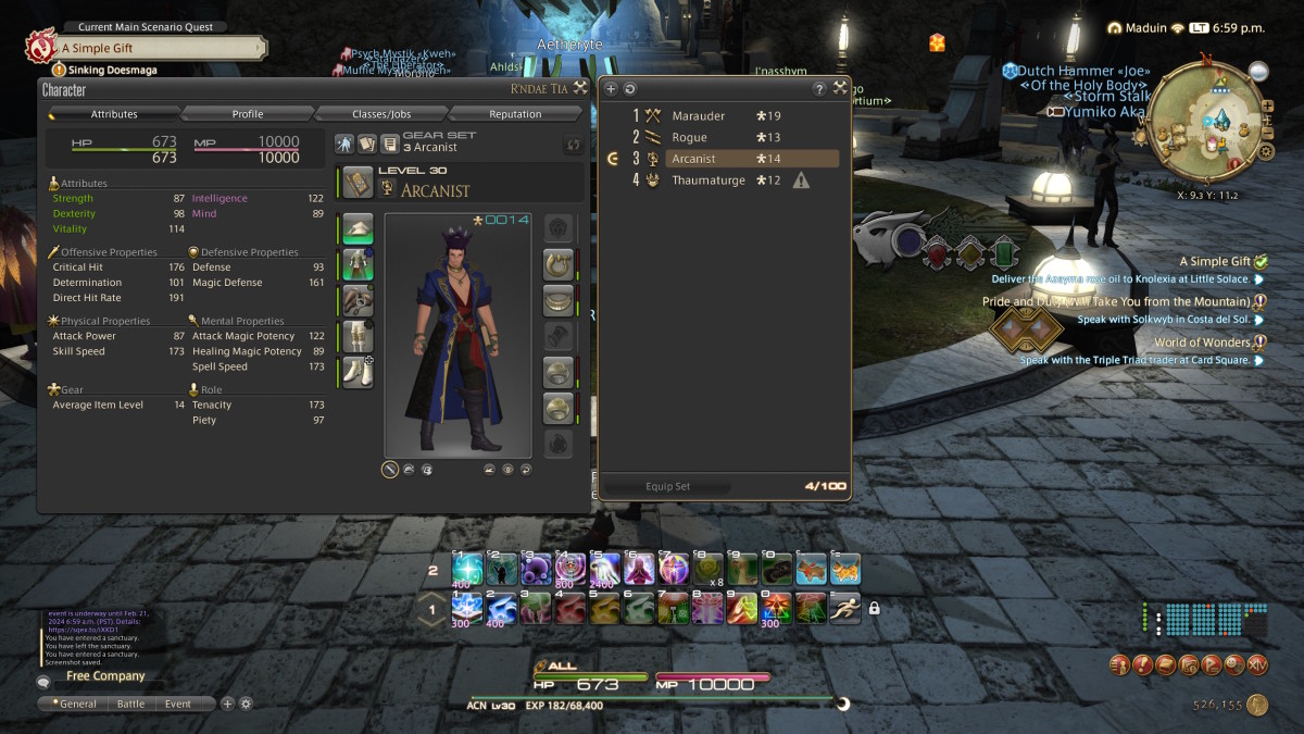 A Final Fantasy 14 character menu with the gear set option highlighted