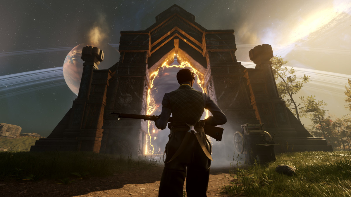 A Nightingale player wearing a coat and holding a rifle stands in front of a castle-like doorway. The door space is filled with orange light