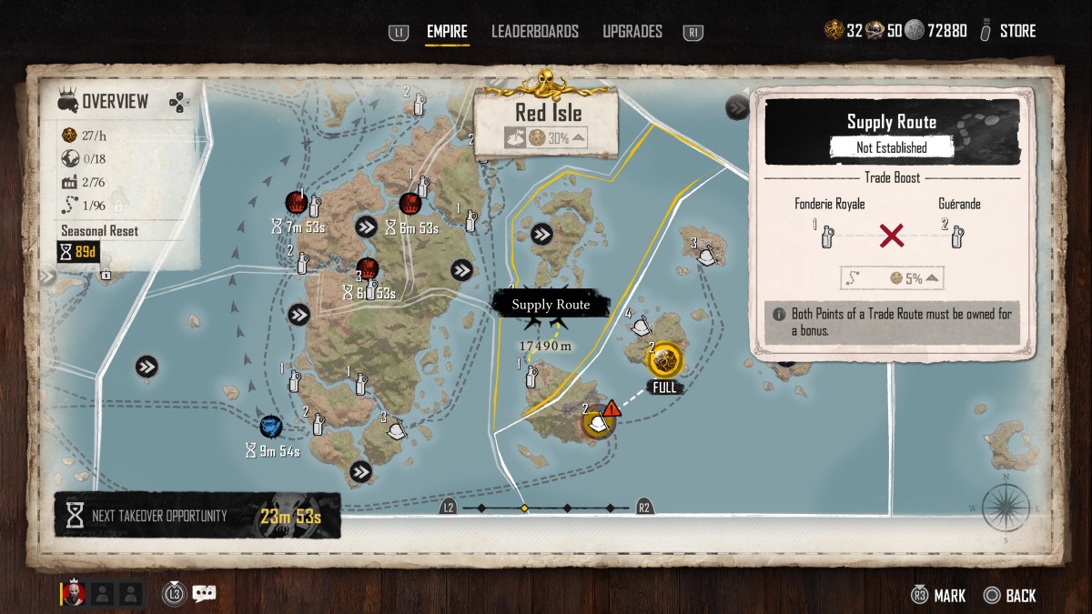 Skull and Bones Manufactory takeover opportunities are marked with red icons on the Empire map and appear for a limited time.