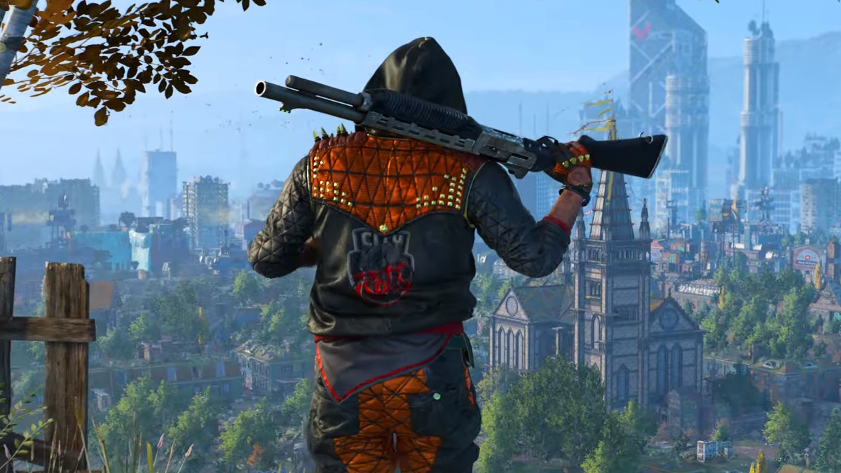 A Dying Light 2 survivor hoists a shotgun over his shoulder as he looks over the city.