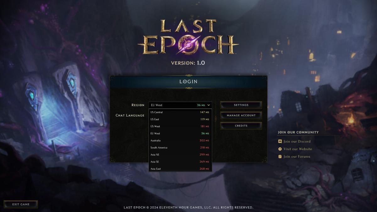 Last Epoch login screen showing server latency