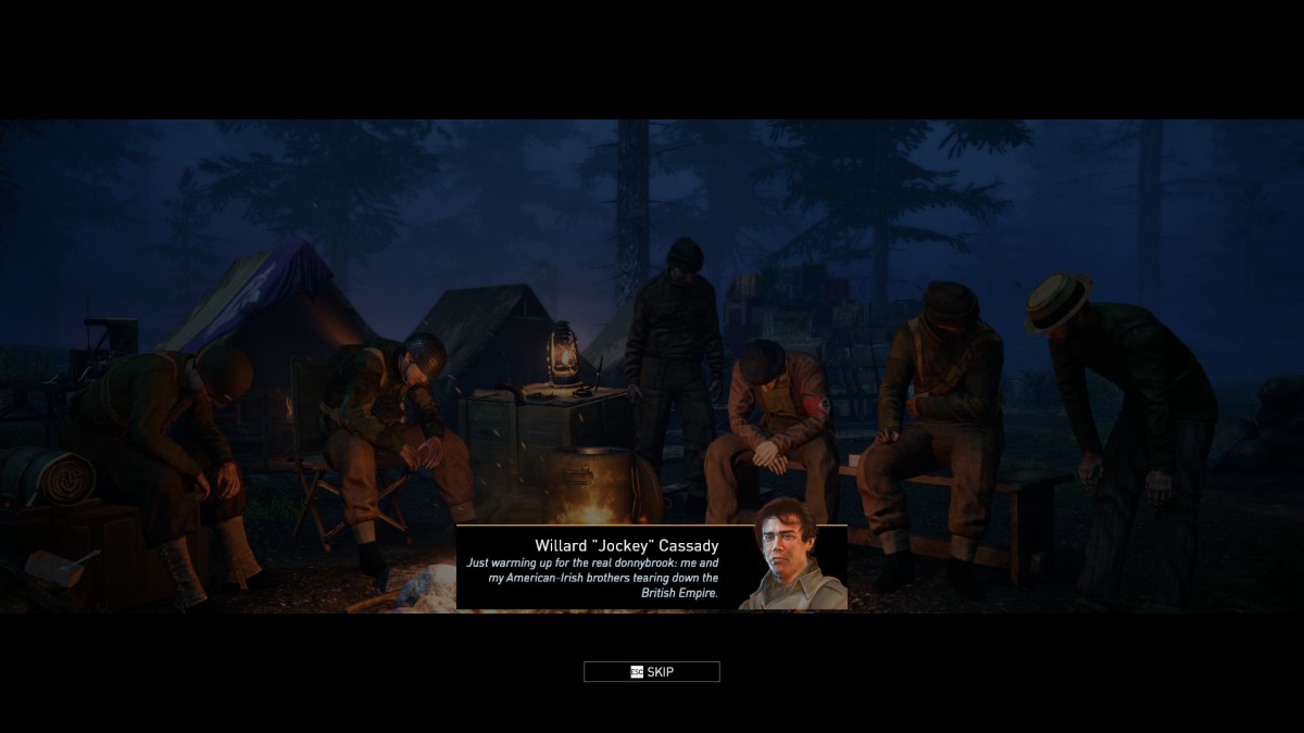 Classified: France '44 screenshot showing soldiers sitting around a campfire.