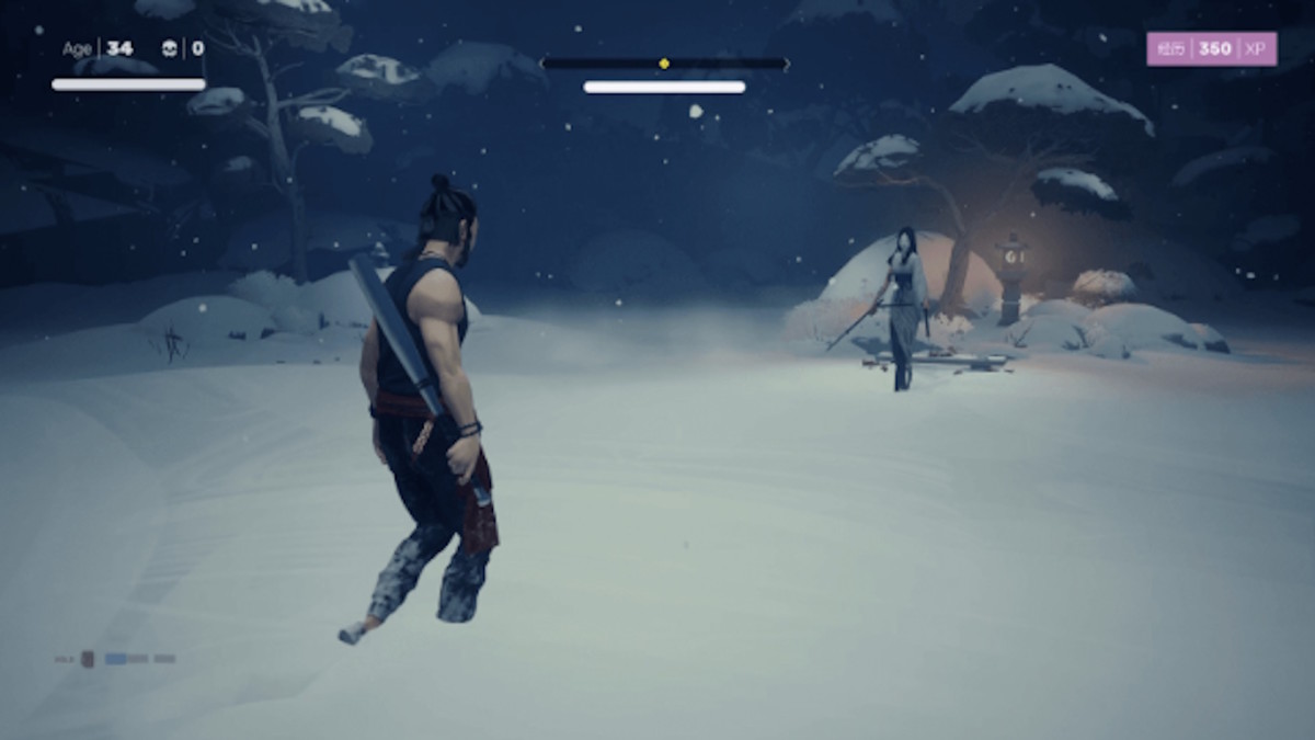 The Sifu protagonist backing an enemy into a corner in an enclosed, snowy space