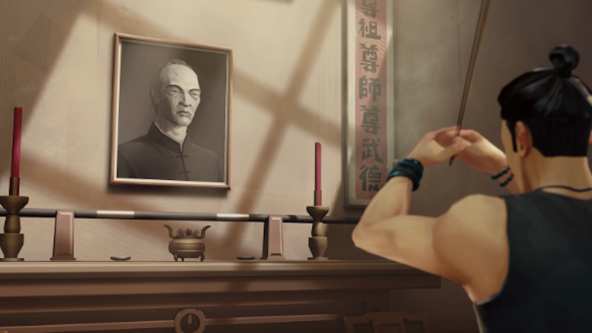 The Sifu protagonist looking at a portrait of an older man, hung over a mantle