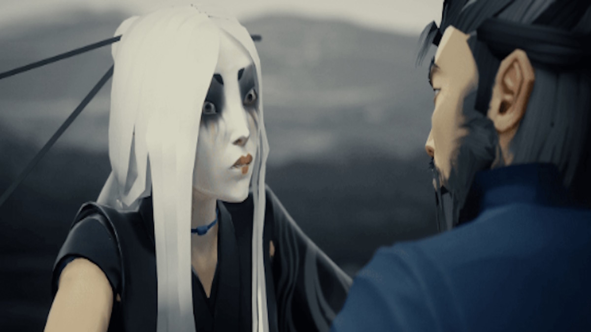Sifu's protagonist, aged past their 40s, speaking with a white-haired woman wearing dramatic face paint