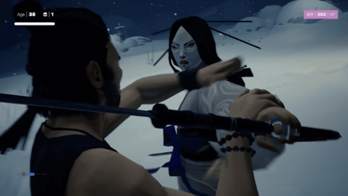 Sifu's protagonist fighting a woman with a sword in the snow