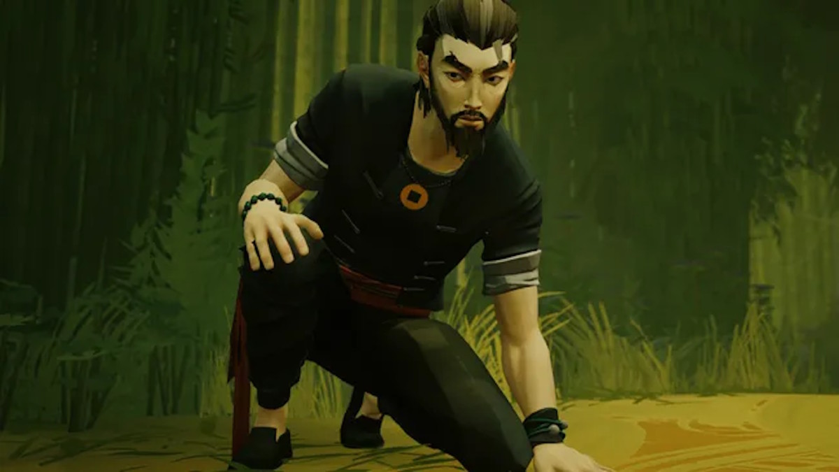 Sifu's protagonist, shown as middle-aged, kneels in a forest clearing, prepared to leap into action