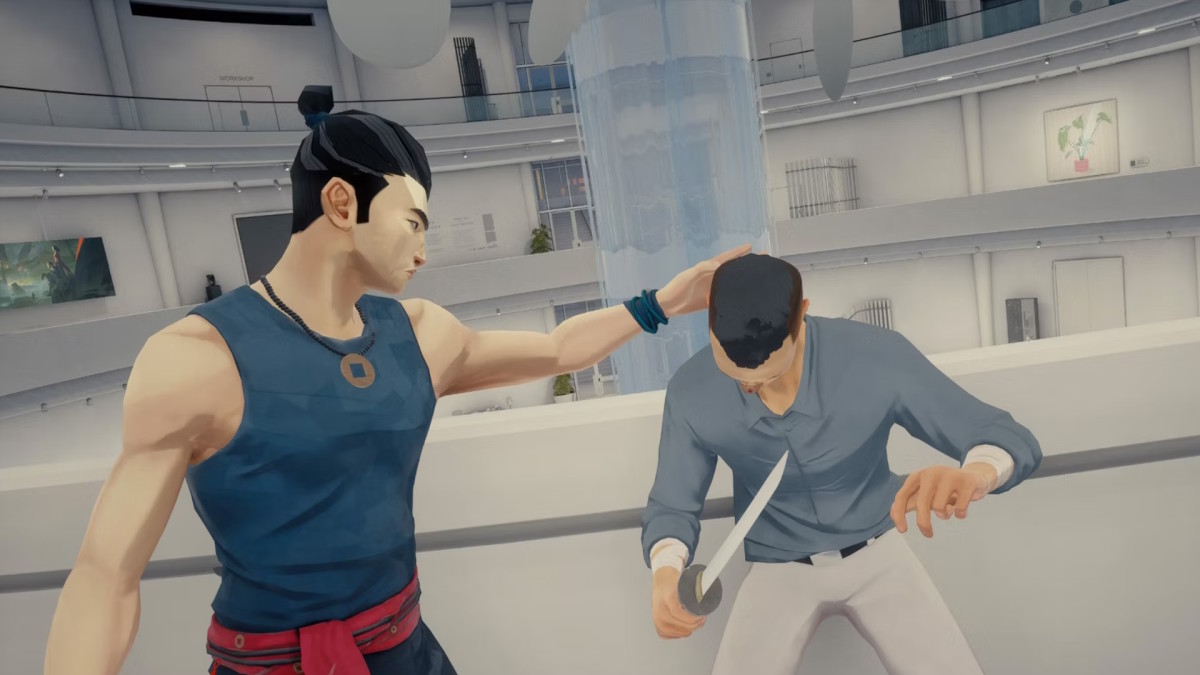 Sifu's protagonist as a young adult, smacking the back of a knife-wielding enemy's head