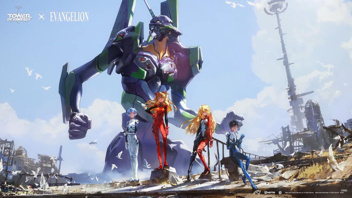 Tower of Fantasy x Evangelion crossover poster.