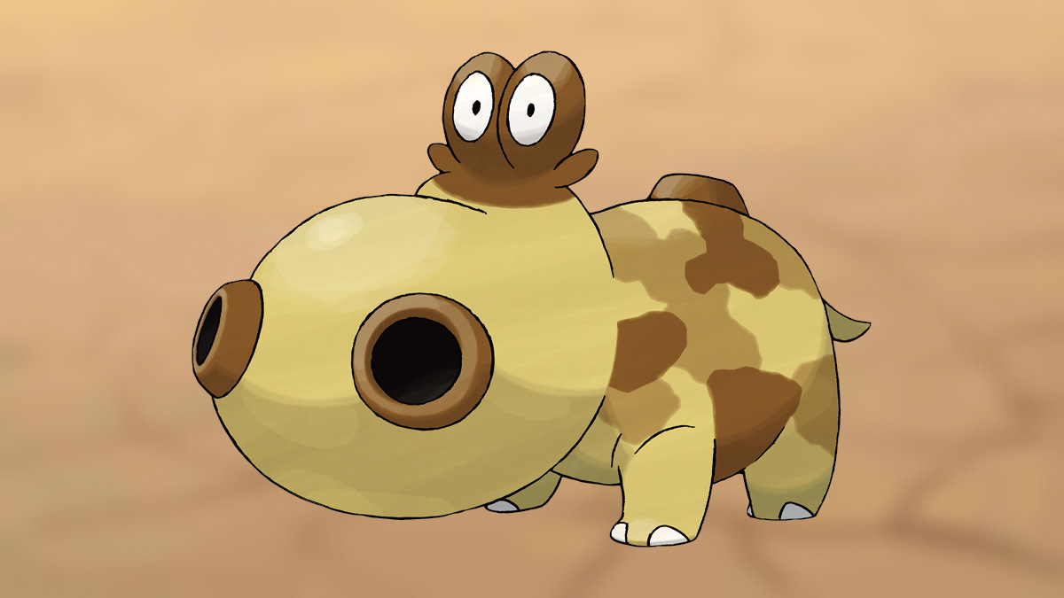 Pokémon Go Hippopotas on Ground-type background.