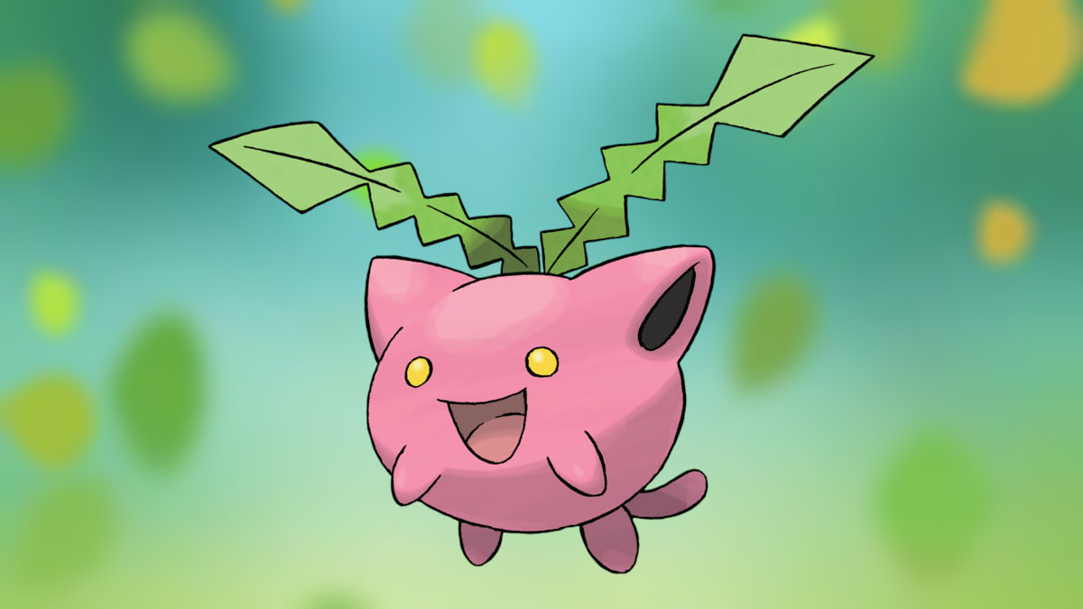 Pokémon Go Hoppip on Grass-type background.