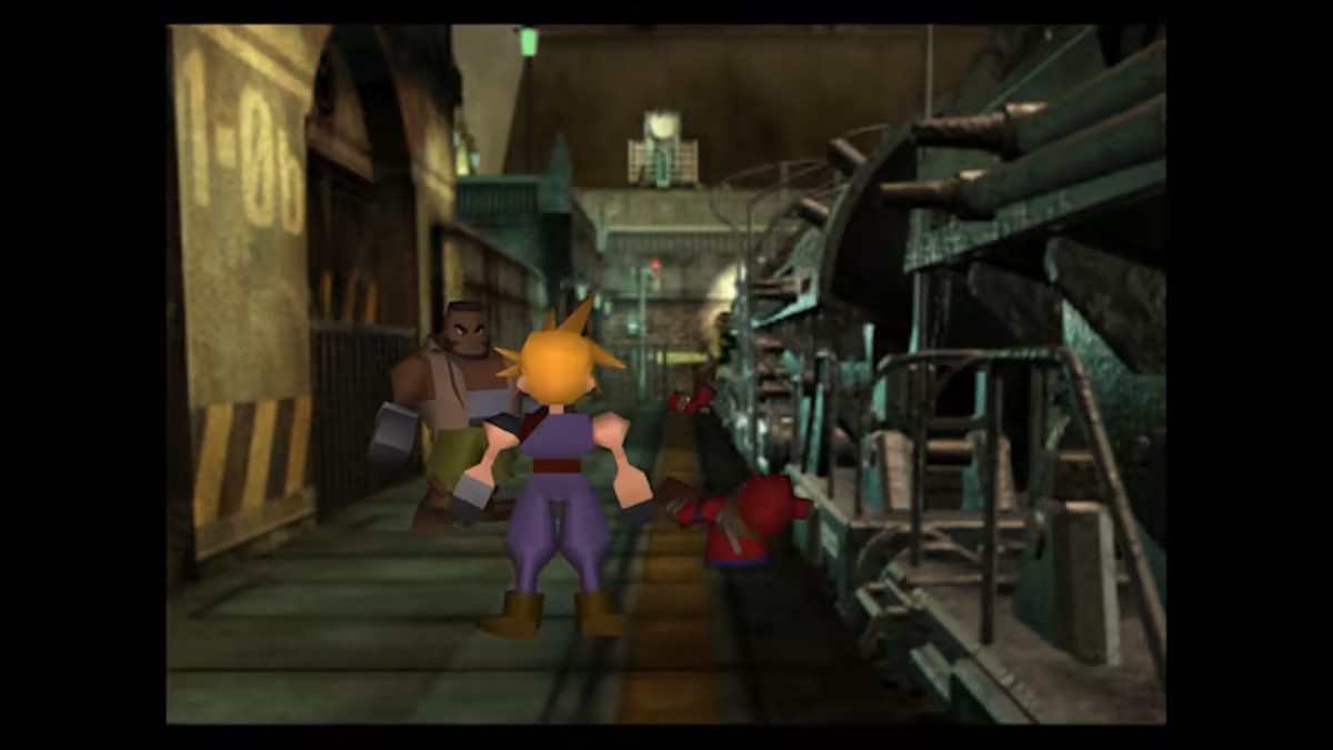 Cloud and Barret from the original Final Fantasy 7 stand on a train platform in Midgar's undercity