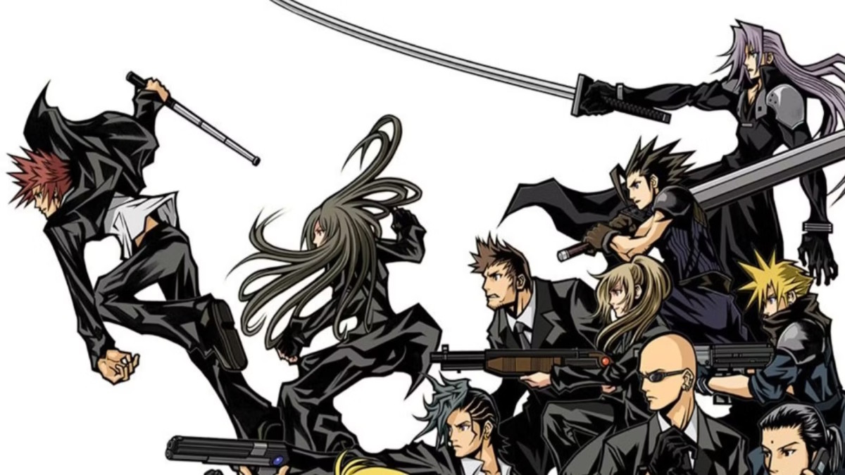 A group of Final Fantasy characters, including Rude, Cloud, and Sephiroth, are shown in The World Ends with You style