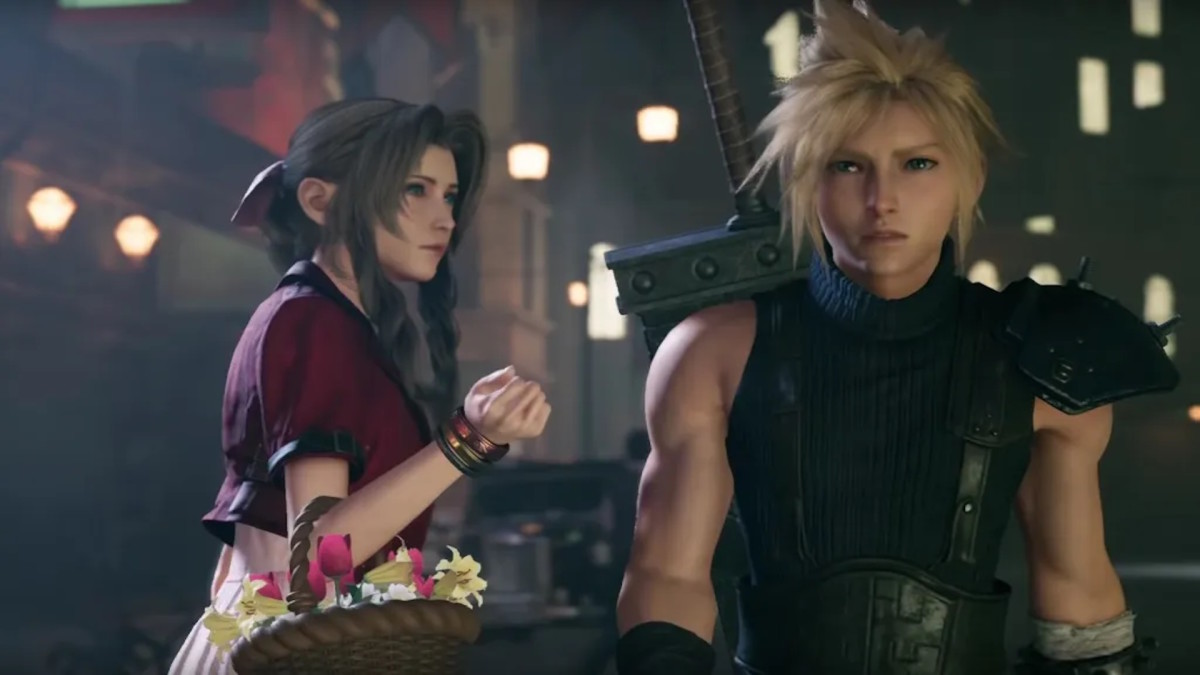Aerith and Cloud from Final Fantasy 7 Remake, standing on a street in a busy Midgar district