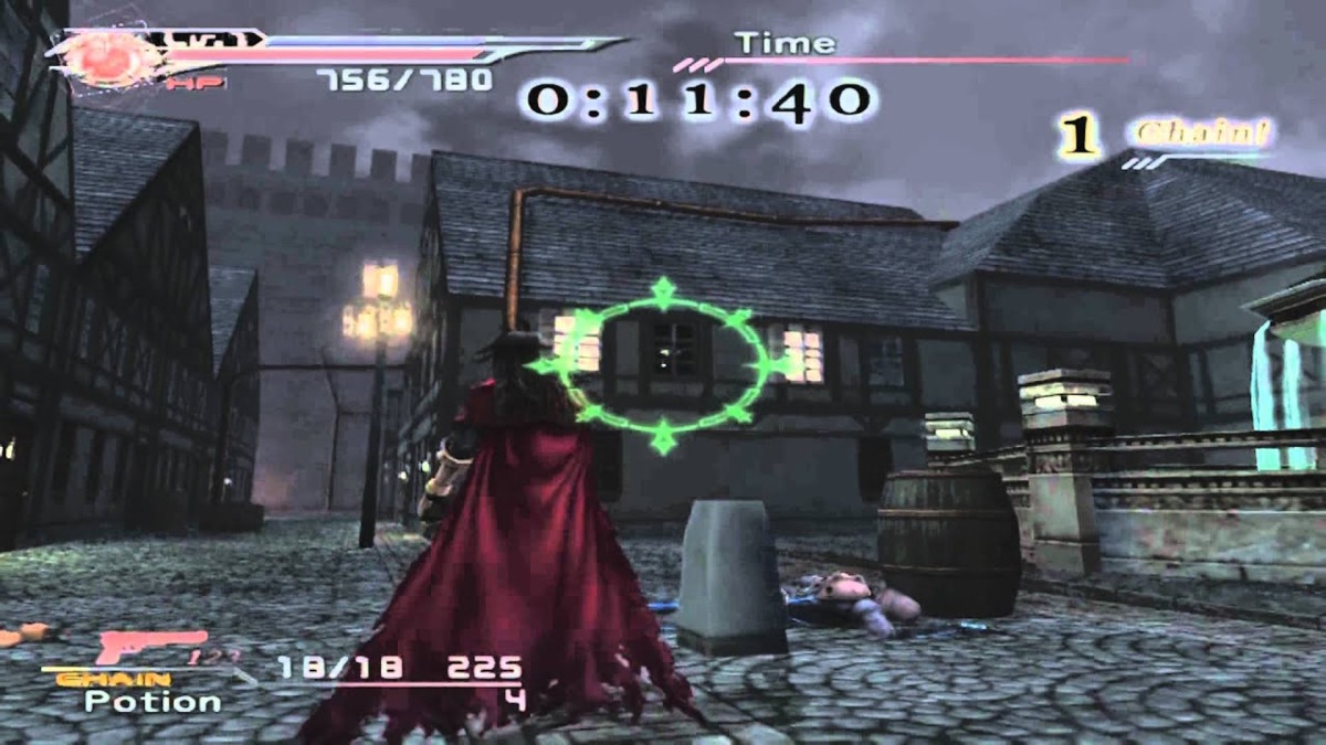 FF7's Vincent Valentine points a gun at a window in Dirge of Cerberus