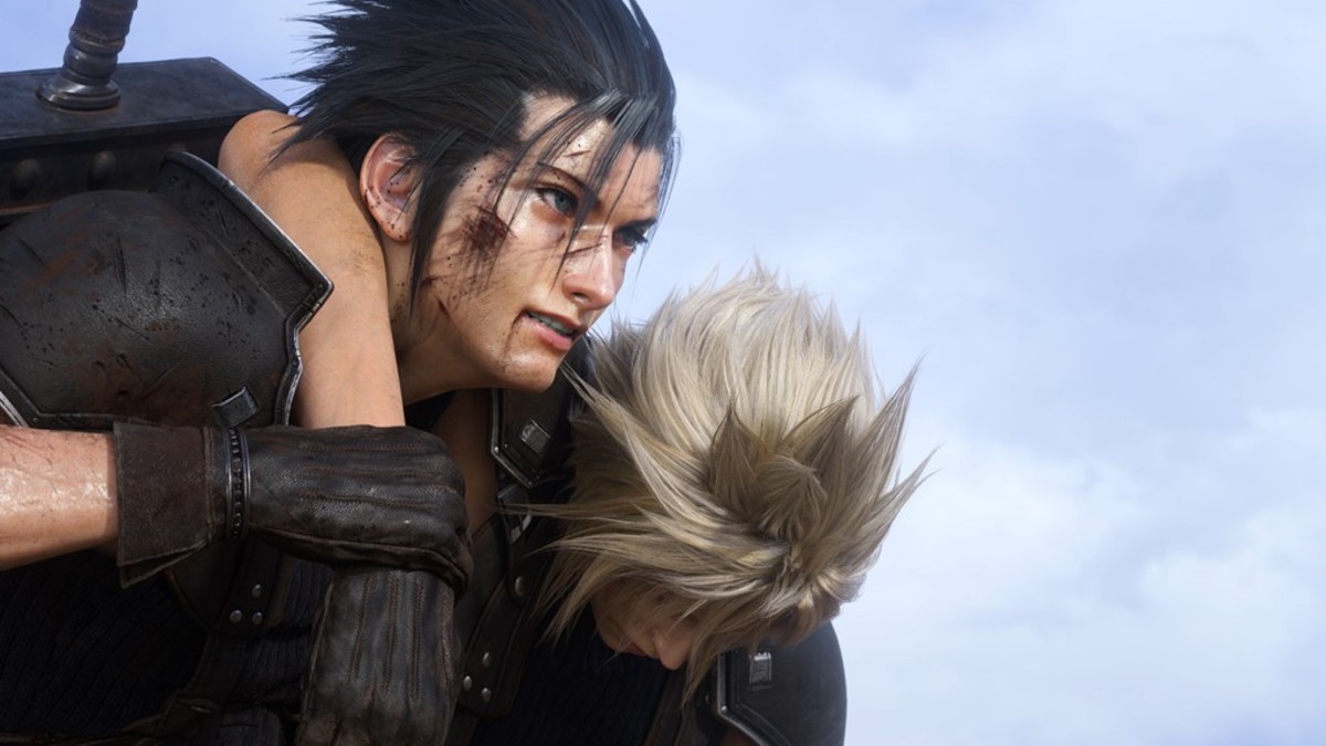 Zack Fair carrying an unconscious Cloud Strife in a screenshot from Final Fantasy 7 Rebirth